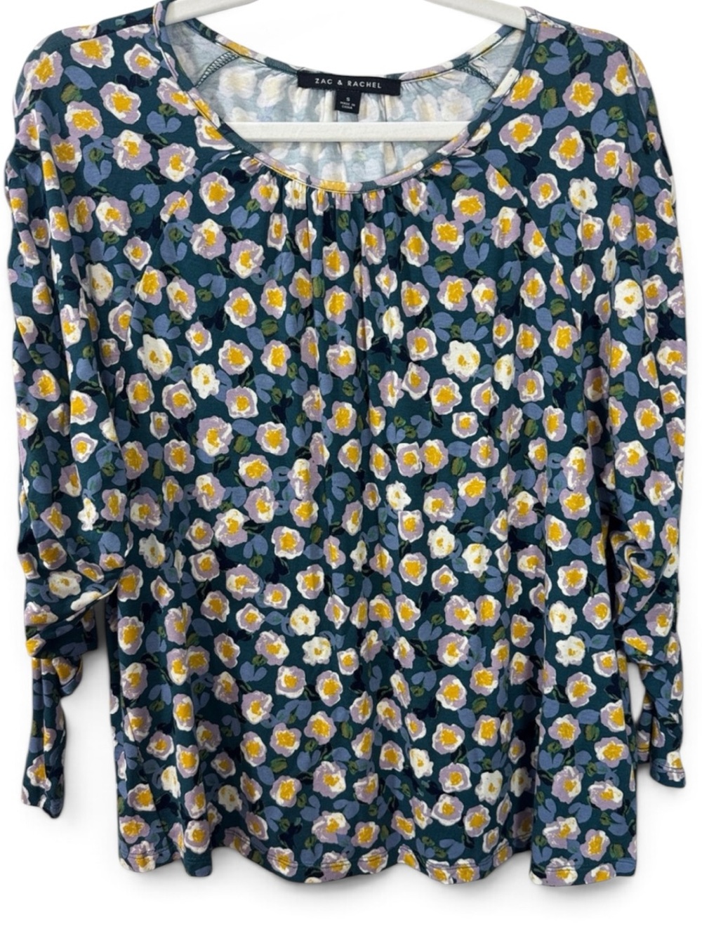Zac & Rachel Green Floral Scoop Neck Long Sleeve Top w/ Ruched Sleeves - Size S